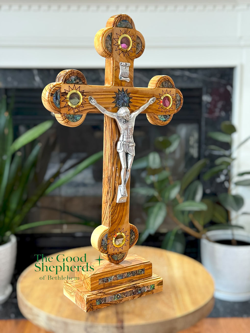 Thumbnail: Standing Mother of Pearl and Olive wood Crucifix