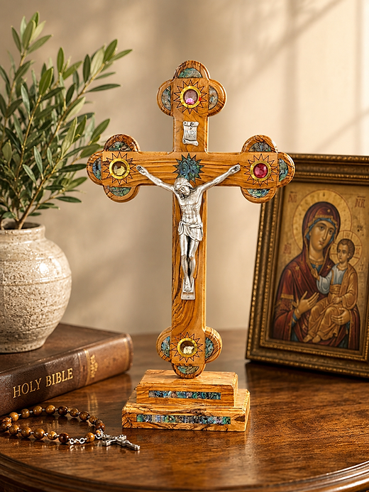Standing Mother of Pearl and Olive wood Crucifix | The Good Shepherds