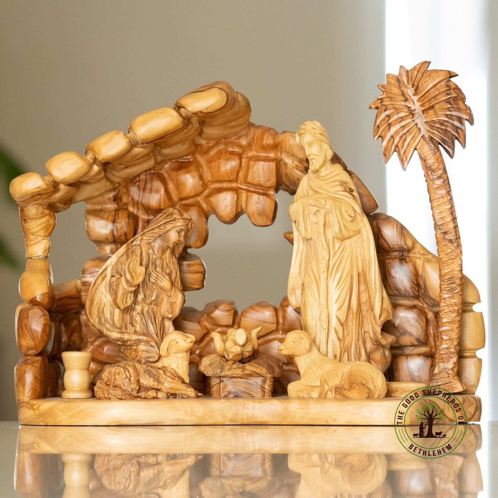 Olive wood Nativity Scene carved inside a cave, Cave Olive wood Nativity Scene