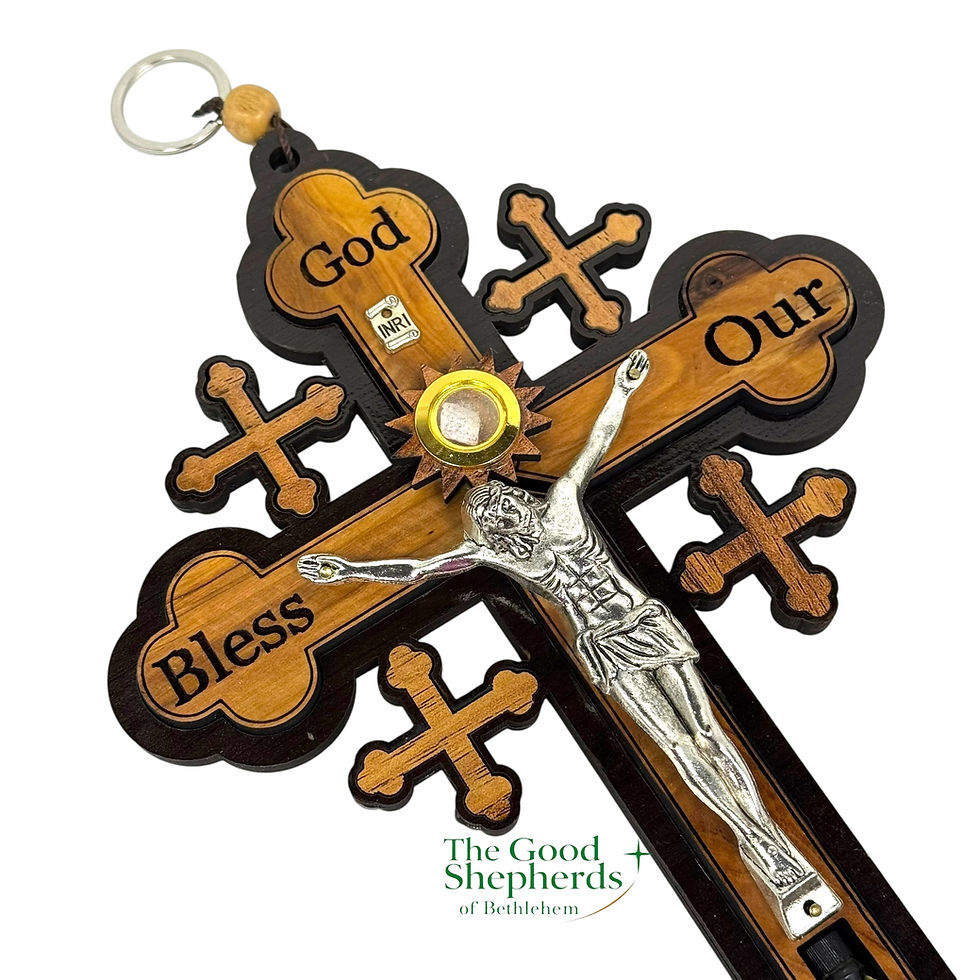 Hand-carved olive wood Jerusalem crucifix with stone star above Jesus, Holy Land oil capsule beneath His feet, and holy water
