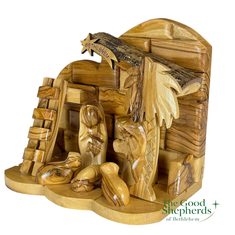 Thumbnail: Olive Wood Nativity Set with Stable | Hand-Carved Holy Family Scene Bethlehem
