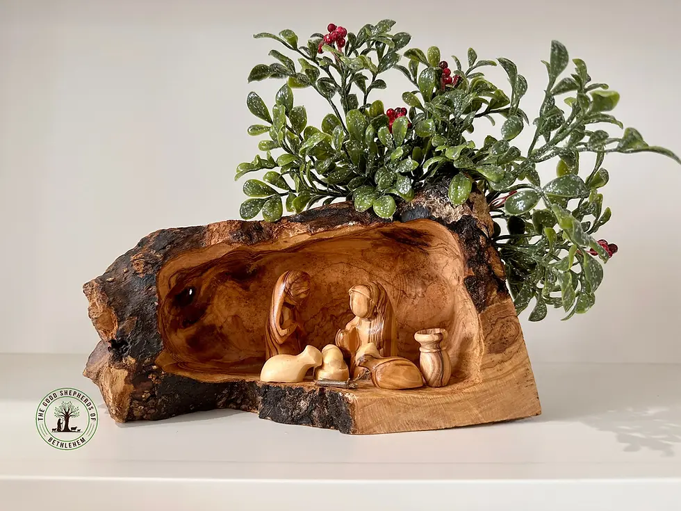 Thumbnail: Small Rustic Holy Land Nativity – Olive Wood Mary, Joseph & Baby Jesus