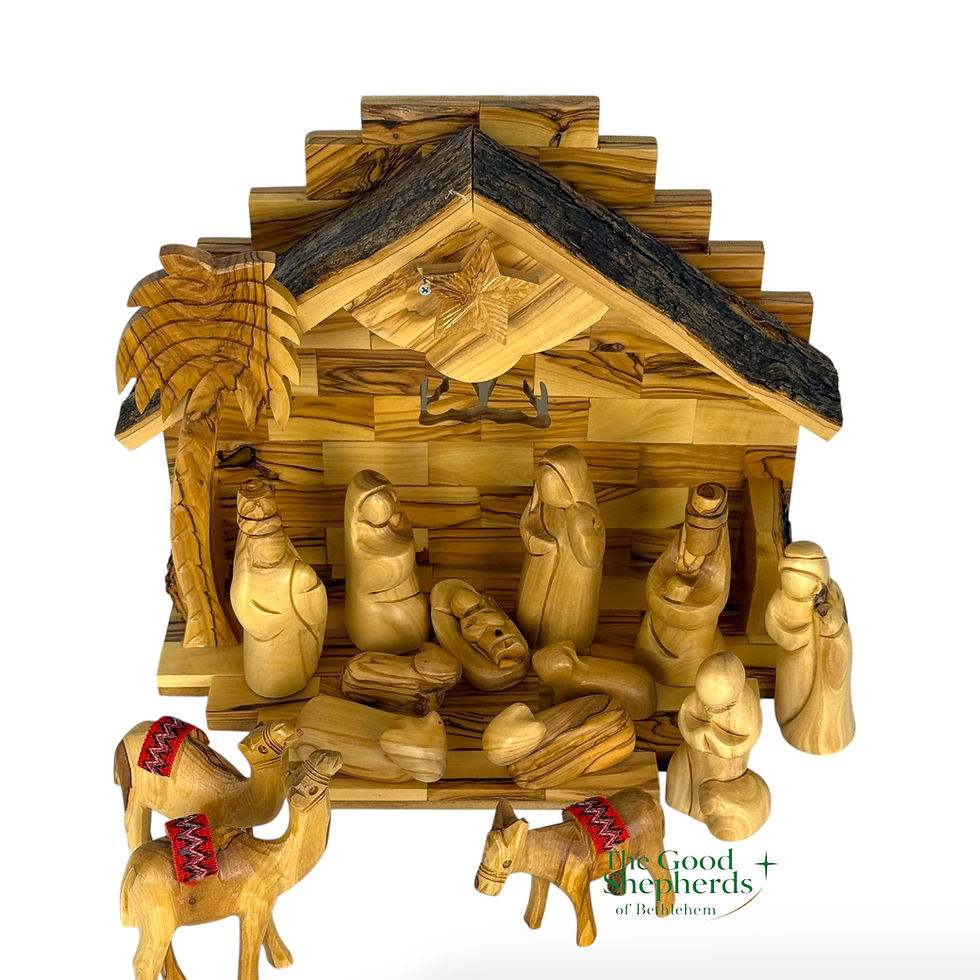 Thumbnail: Rustic Olive Wood Nativity Scene with Music Box | Bethlehem Hand-Carved Nativity