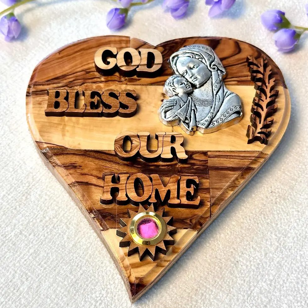 Miniatura: Holy Family Olive Wood Wall Plaque | Mother and Child | God Bless Our Home Sign