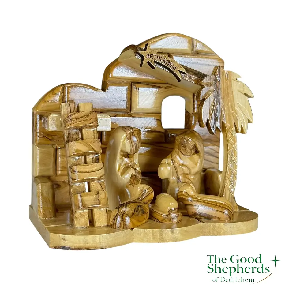 Thumbnail: Olive Wood Nativity Set with Stable | Hand-Carved Holy Family Scene Bethlehem