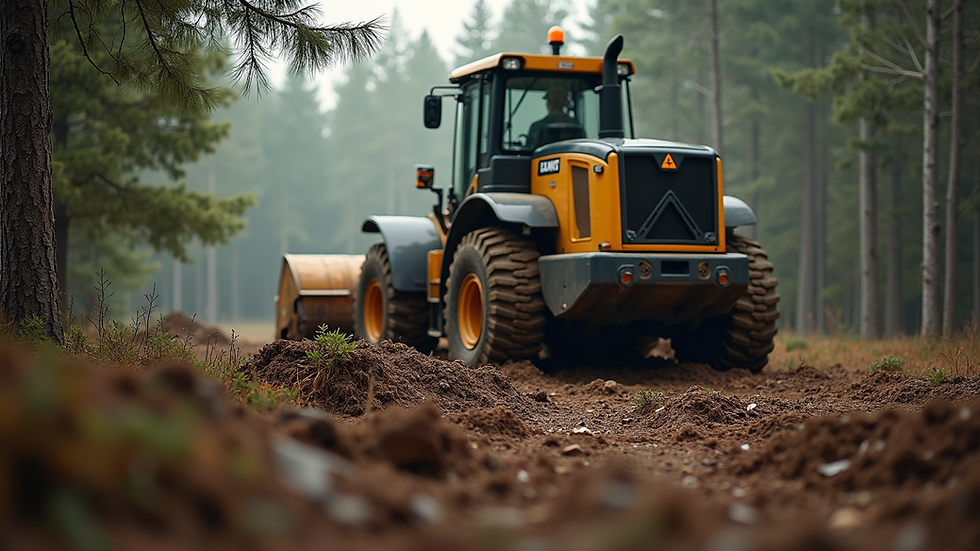 Eye-level view of heavy machinery clearing a wooded area