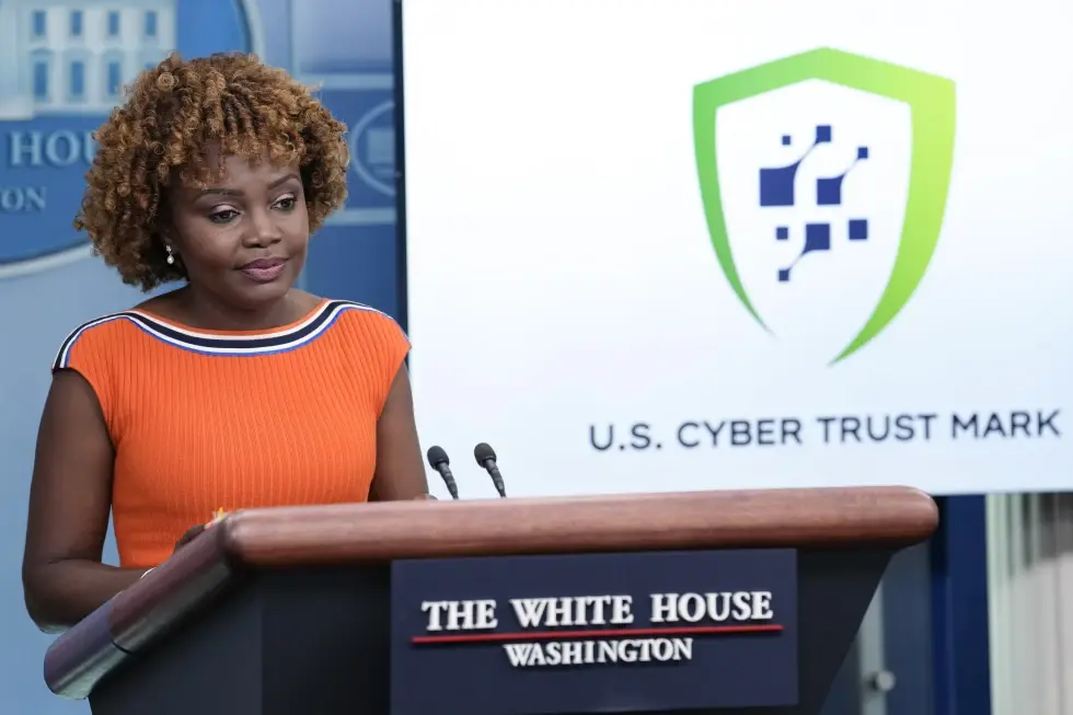  White House press secretary Karine Jean-Pierre talks about a cybersecurity certification and labeling program at the White House in Washington, July 18, 2023. Smart devices like baby monitors, fitness trackers and internet-connected appliances will soon be eligible for labels certifying that they meet federal cybersecurity standards. 