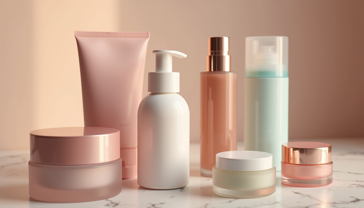 Close-up view of various cosmetic packaging samples arranged neatly