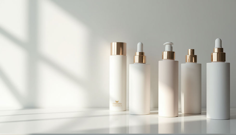 Close-up view of elegant cosmetic bottles arranged on a white surface