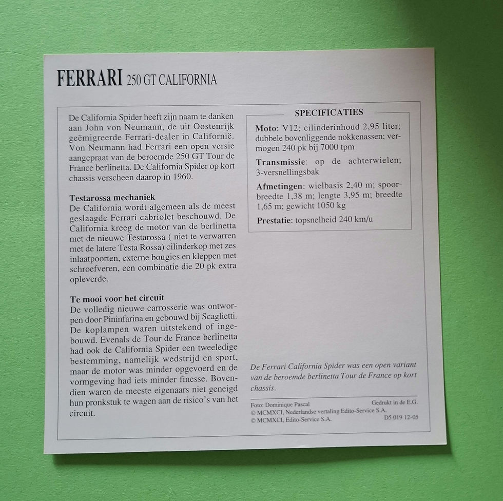 Miniatura: Ferrari 250 GT California, collectors card, rear