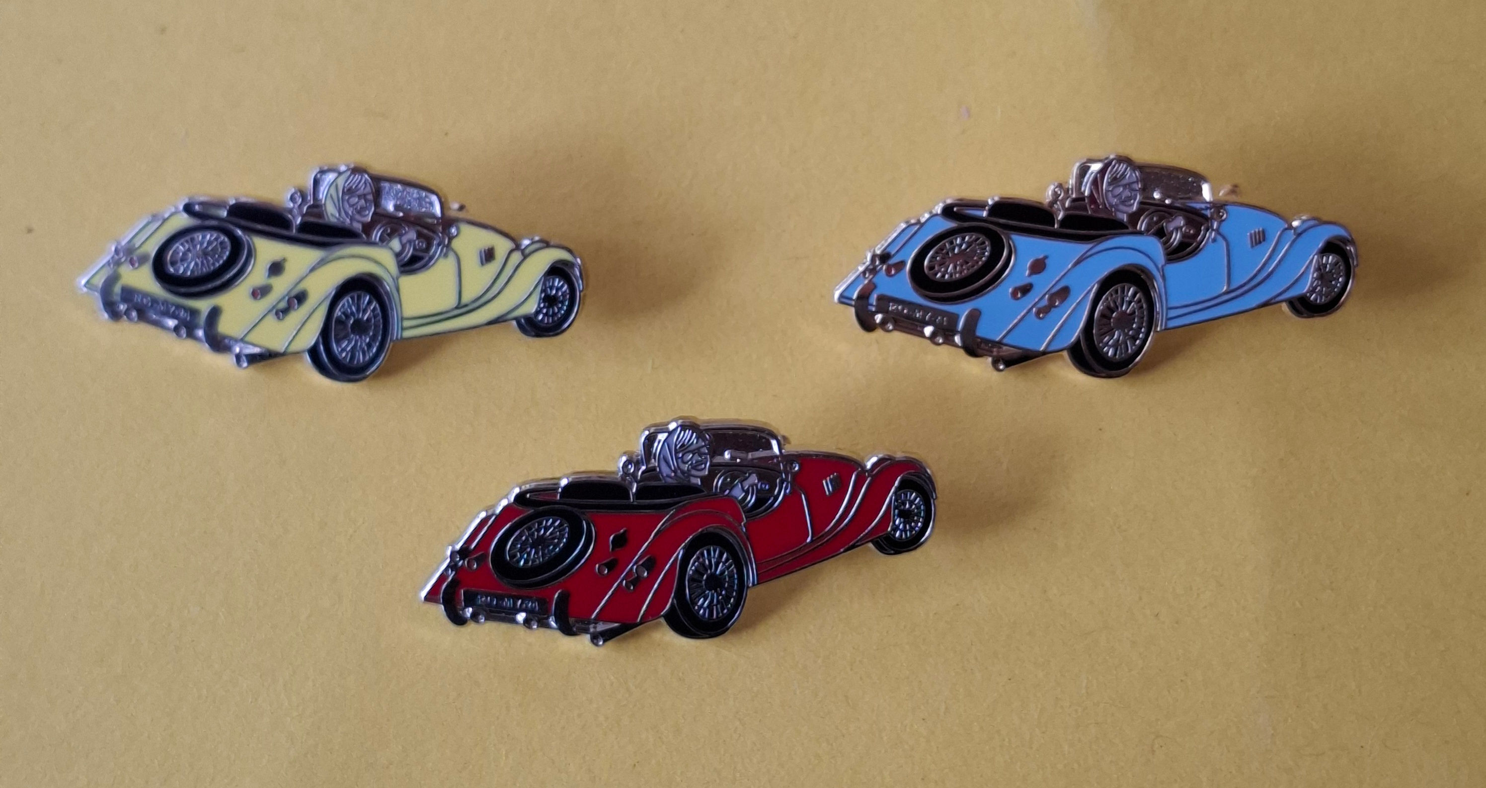 Ladies Drive Morgans, pin badges, yellow, red, baby blue