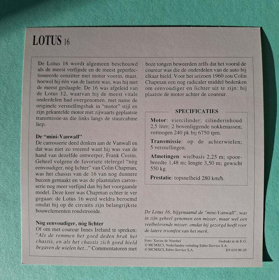 Miniaturebillede: Lotus 16 collectors card, rear