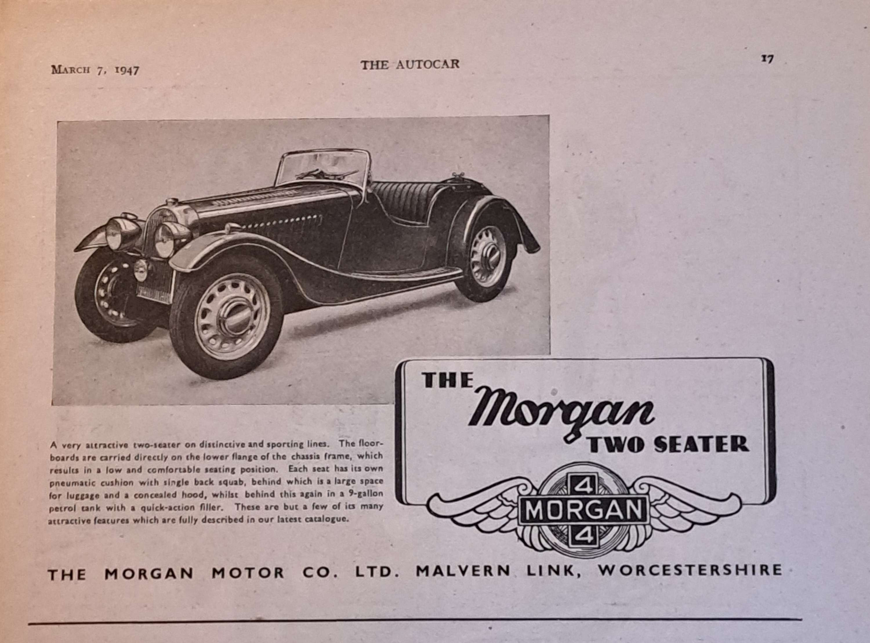Morgan 4/4 two-seater, 1947, Morgan Factory advert