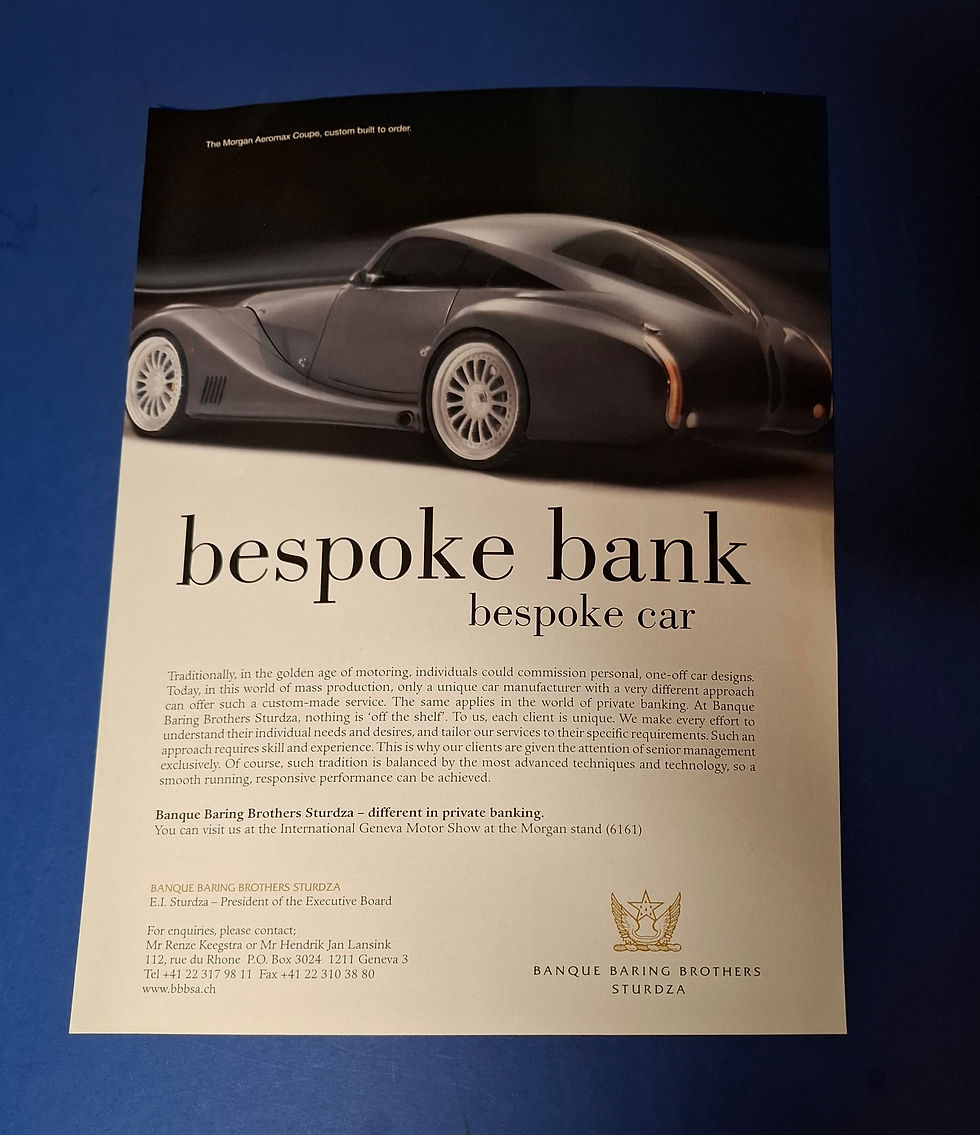 Bespoke bank, bespoke car: Barings Bank, Morgan Aero Max, full page