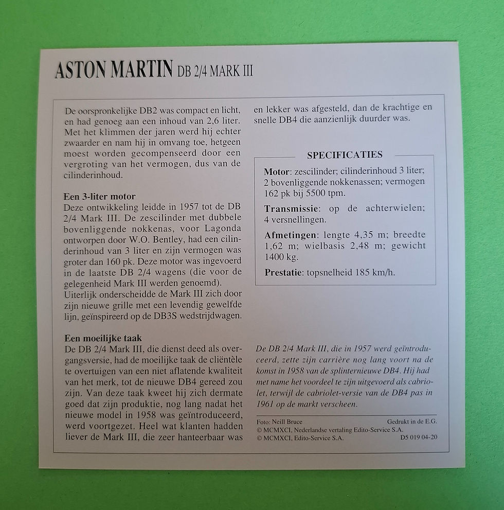 Aston Martin DB 2/4 Mk III collectors card, rear