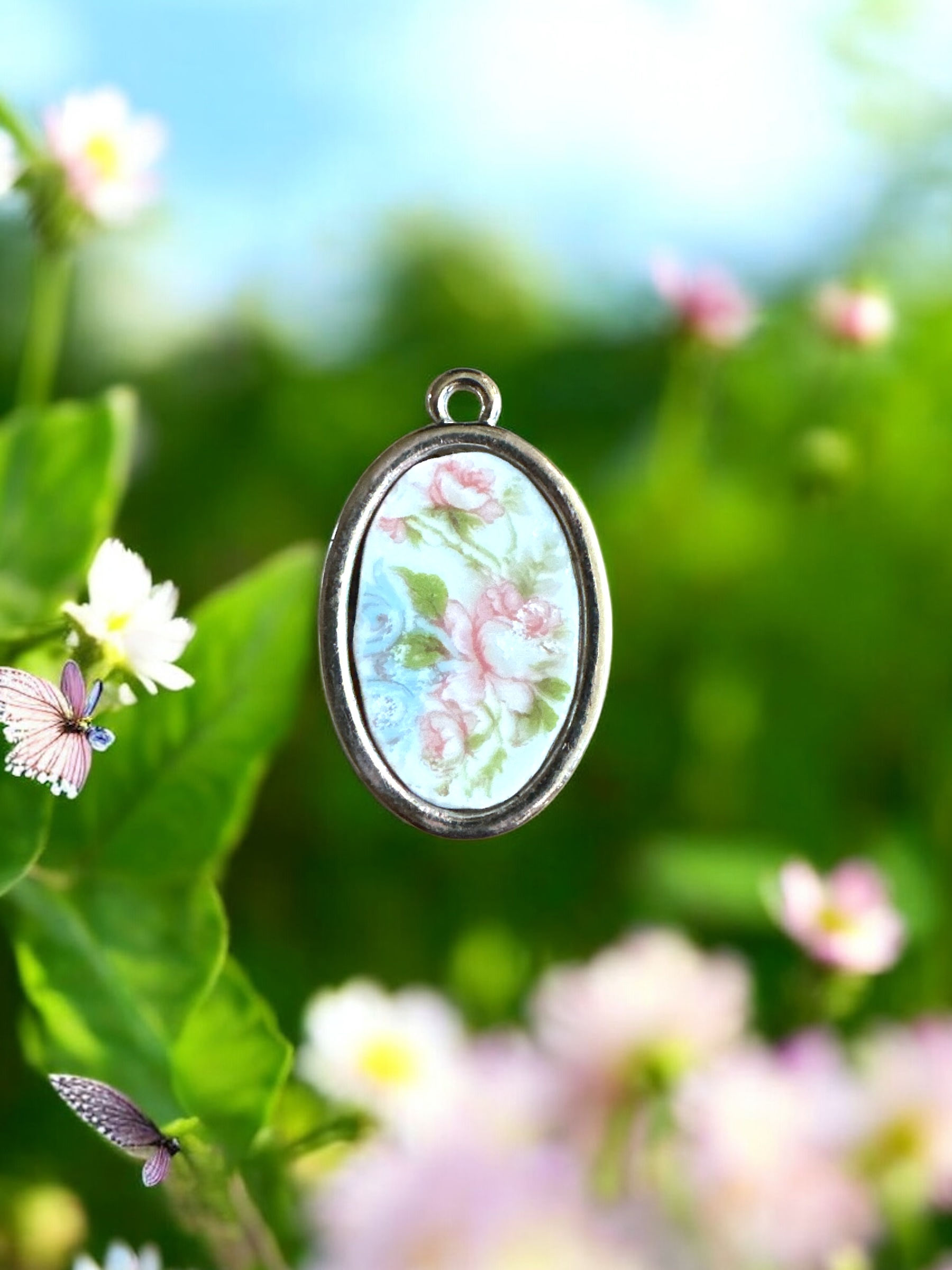 Oval Pink Floral and Blue Ribbon Broken China Necklace Pendant