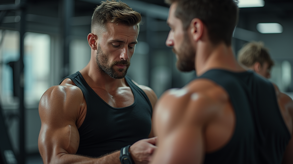 Close-up view of a personal trainer guiding a client in a gym