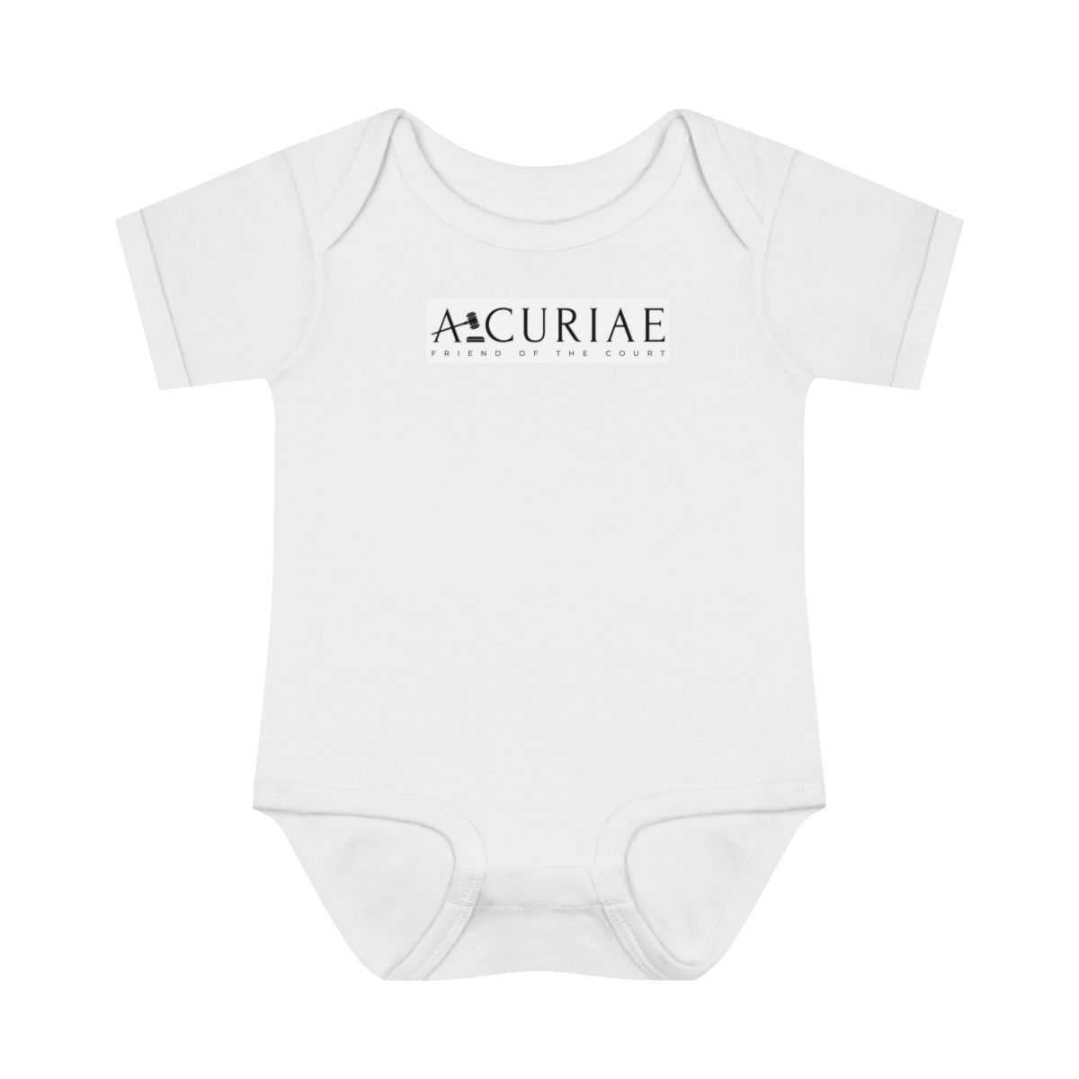 a baby onesie with the A Curiae logo