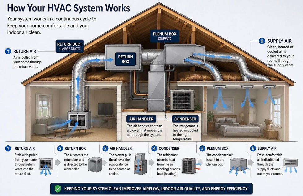 HVAC system diagram showing return air, air handler, condenser, plenum box, and supply ducts for Air Duct Cleaning Dallas