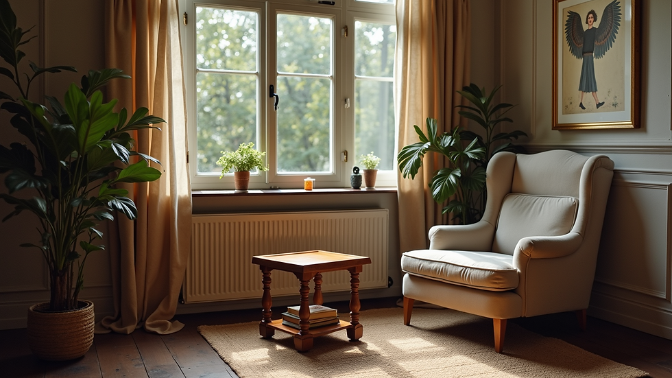 Vue en plongée d’un coin salon vintage avec fauteuil en velours et table basse en bois