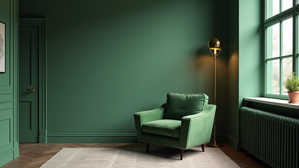 Vue rapprochée d’un coin salon avec fauteuil en velours vert et lampe design