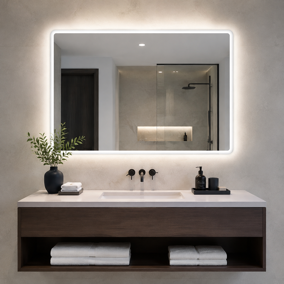 LED bathroom mirror on clean white background, square image, product centered.