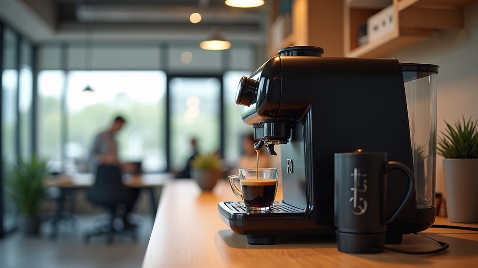 Eye-level view of coffee station with FD Coffee Express machine in office setting