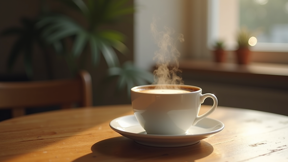 Close-up view of a steaming cup of fresh milk coffee on a wooden table