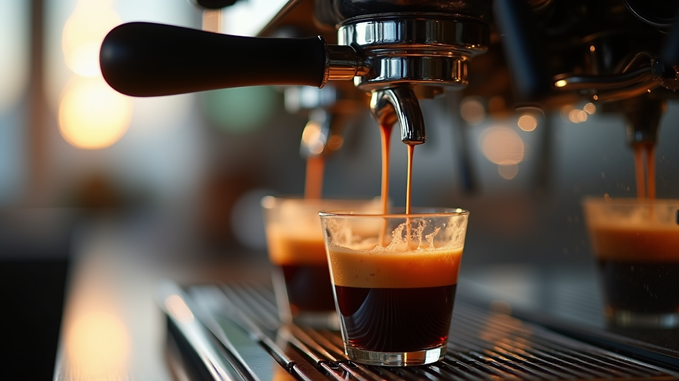 Close-up view of a modern coffee machine dispensing fresh coffee