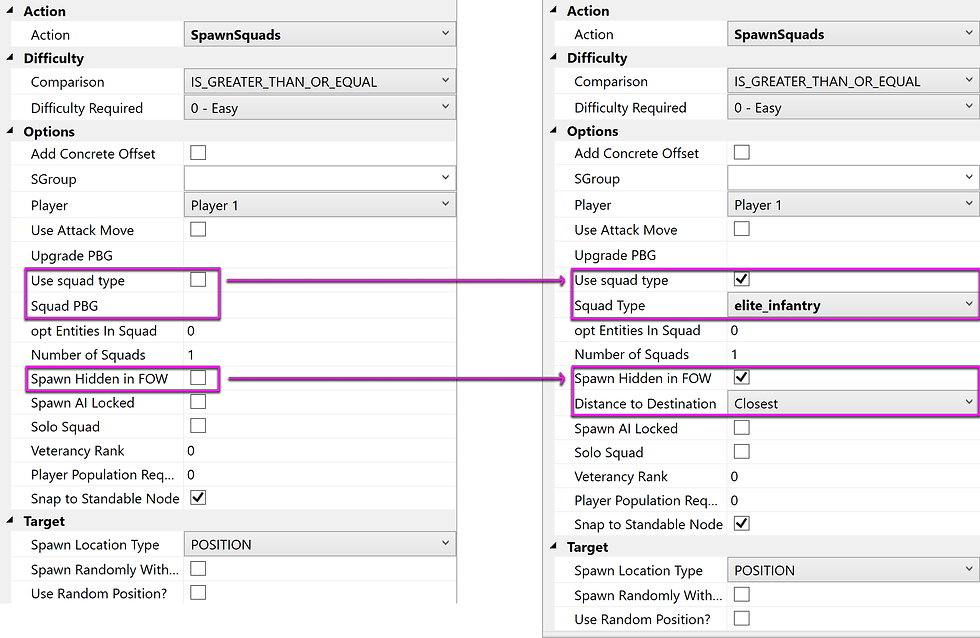 The SpawnSquad Action supports complex options reduced to simple checkboxes, like Use Squad Type which allows designers to select from predetermined unit categories rather than specifying individual squads to spawn. Or Spawn Hidden in FOW which picks a spawn location outside the player's view.