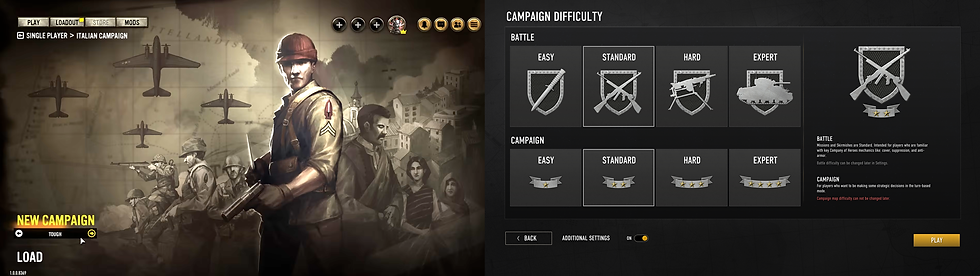 Before and after difficulty selection screens. The new version added a separate screen, custom icons, difficulty descriptions, and allowed split difficulty options between the Campaign Map and RTS Battles.