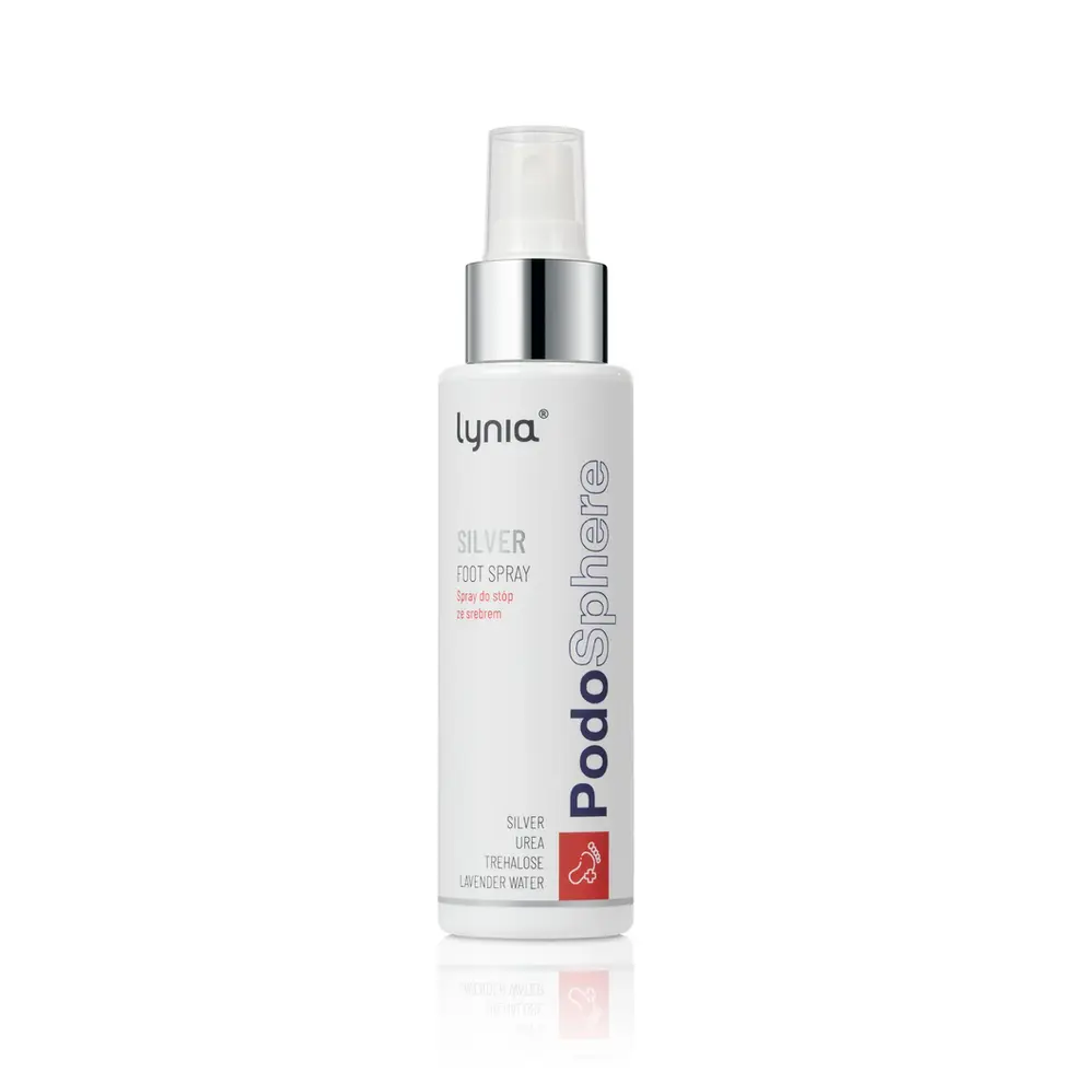 Spray do stóp Lynia PodoSphere ze srebrem na białym tle