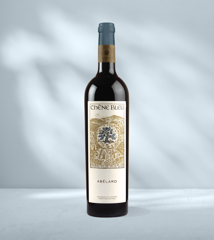 Bottle of Chêne Bleu Abélard 2015 premium Rhône red wine with label visible