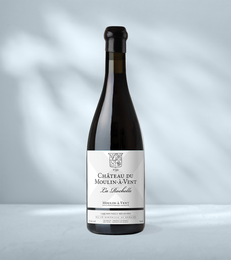 Bottle of Chateau du Moulin à Vent 2021 La Rochelle Moulin à Vent red wine with elegant label