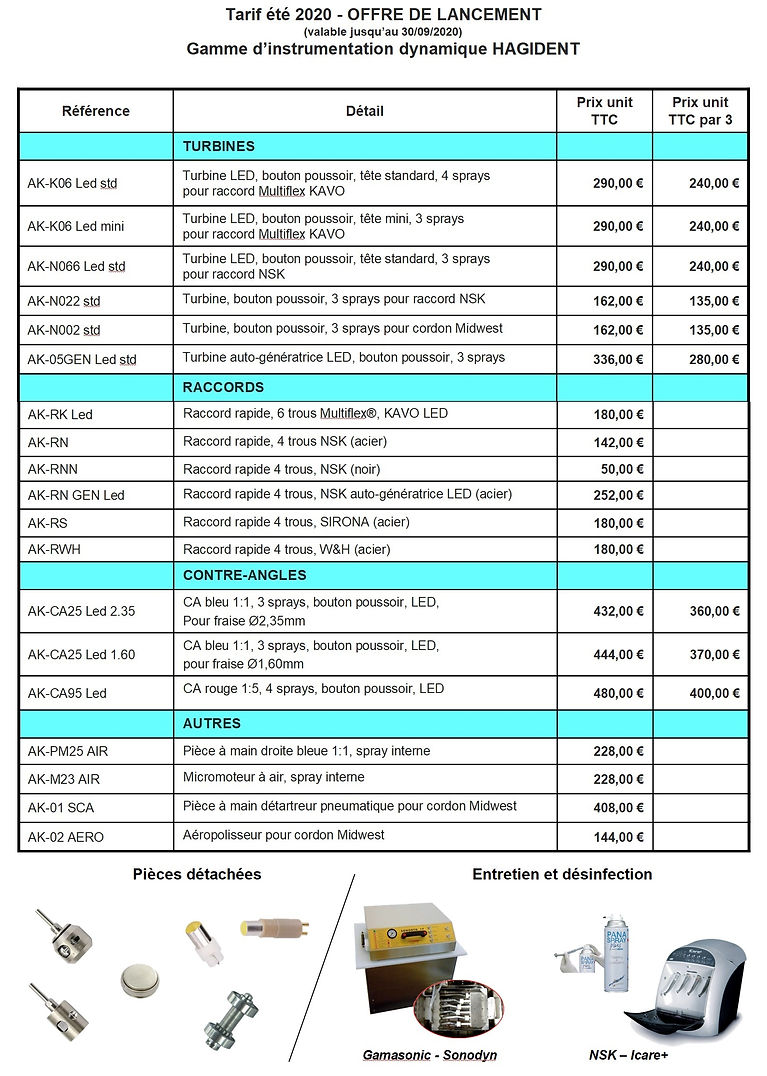 Tarifs jusqu'au 30.09.2020