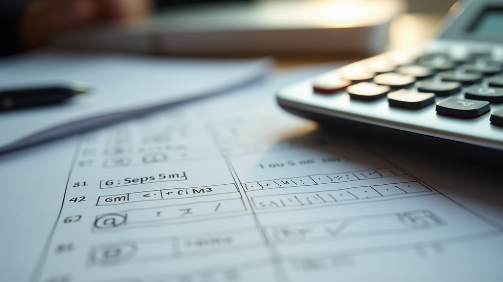 Close-up view of a calculator and notes on GCSE exam costs