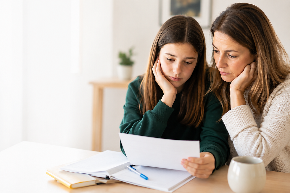 Parent discussing GCSE mock results with their teenage child.
