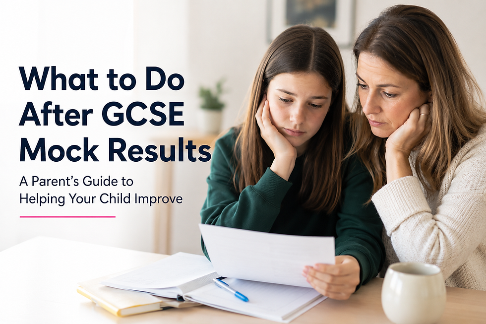 Parent helping their teenager understand GCSE mock results at home.