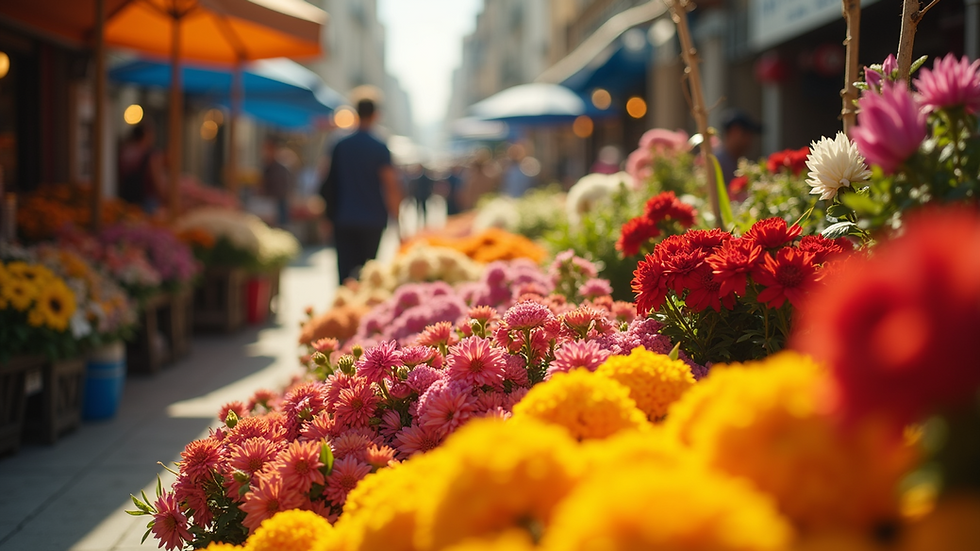 Eye-level view of vibrant outdoor flower market