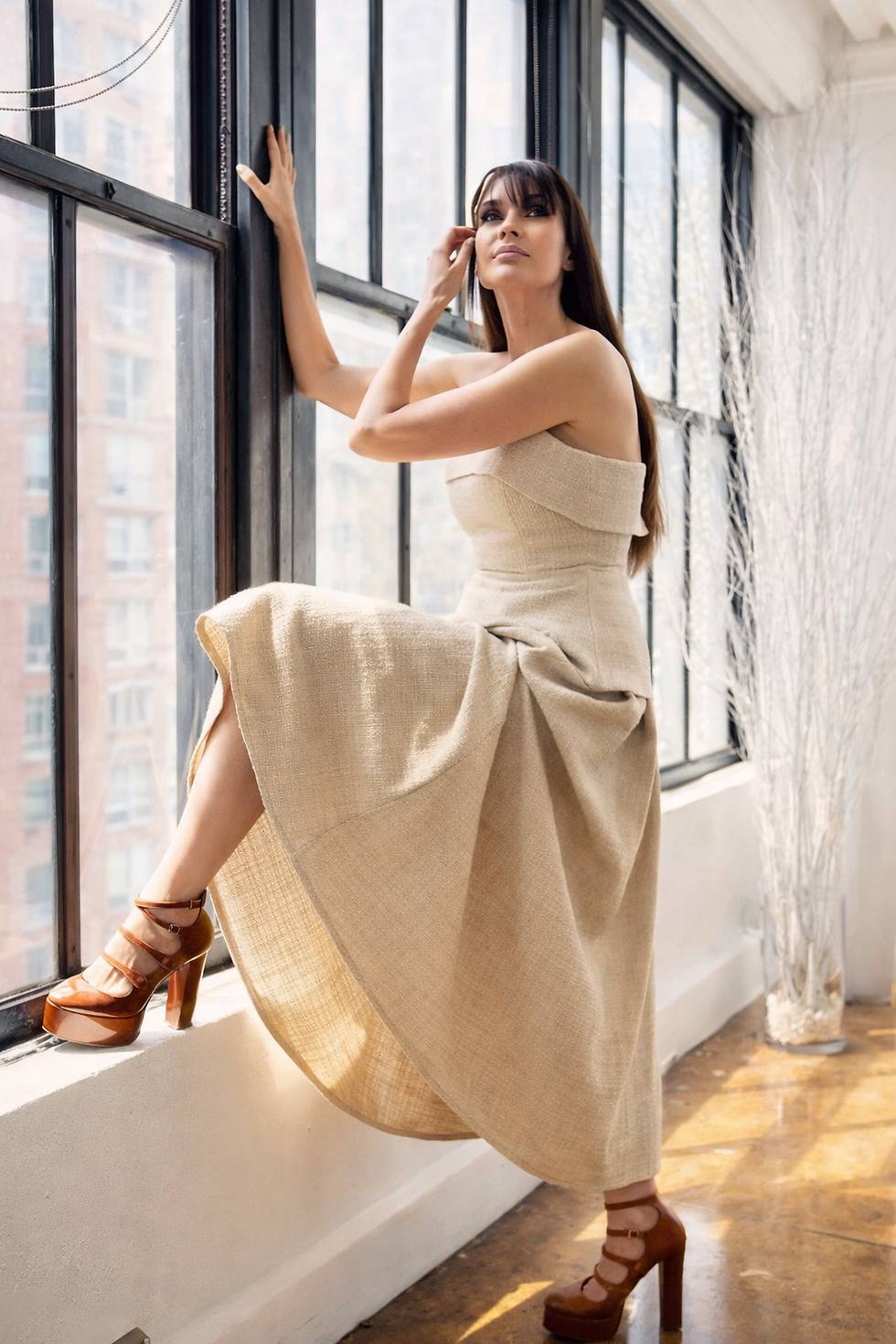 Carol Alt wearing Giseli Dias Constance Brown platform sandals