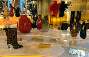 Giseli Dias shoes displayed in the Red Room at Printemps New York during New York Fashion Week