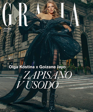 Giovana Black boots and Audrey White bridal sandals by Giseli Dias appear in Grazia Slovenia’s dramatic “My Destiny” New York editorial.