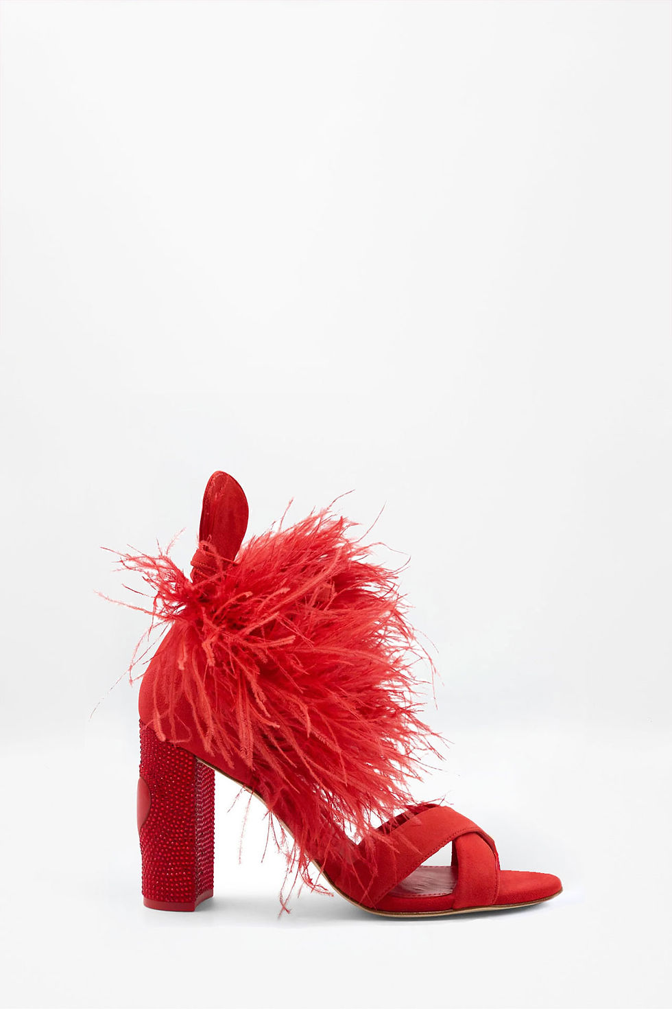 red designer high heels with feather