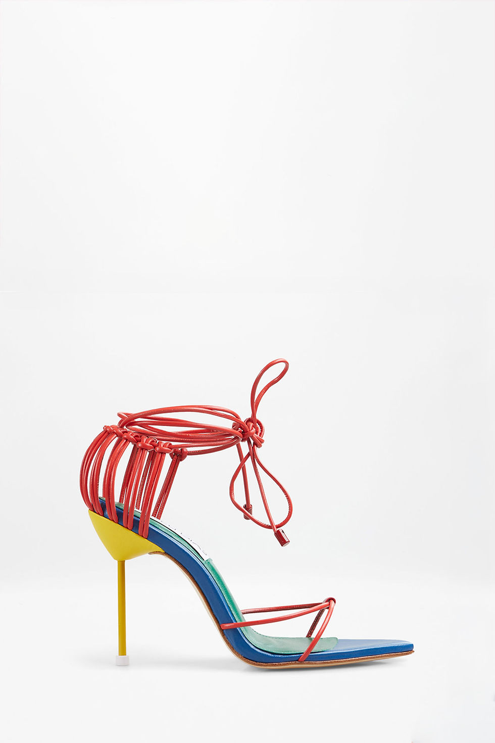 Tereza Full sandals with red straps, blue footbeds and yellow stiletto heels by Giseli Dias.