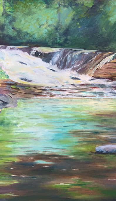 oil on canvas, river, stream, light, waterfall, falls, brook, creek, rocks, forest, woods, deborah j pearce arts & studio, big