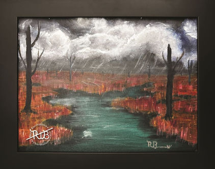 Surreal landscape of a marshland at night with an upcoming rainstorm