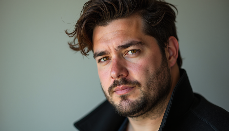 Eye-level view of a male model with delta-shaped hair and honey-colored eyes posing confidently