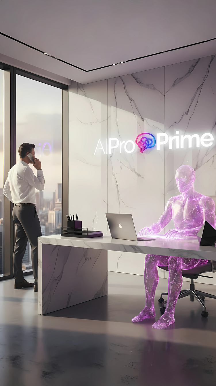 Ejecutivo en una llamada estratégica mientras un Agente de IA autónomo trabaja en su ordenador, representando un empleado digital.