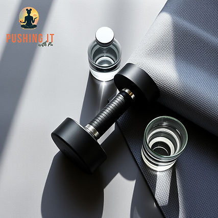 Fitness equipment including a black dumbbell and a shaker bottle next to the Pushing It With Pu logo, highlighting the structured wellness programs and gym essentials.