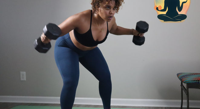 Dr. Pu performing a dumbbell exercise with focused form in a home gym setting.